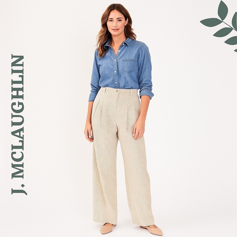 J. McLaughlin Wide-Leg Wool Blend  Trousers | Cream Taupe Plaid | Lined | Size 2
